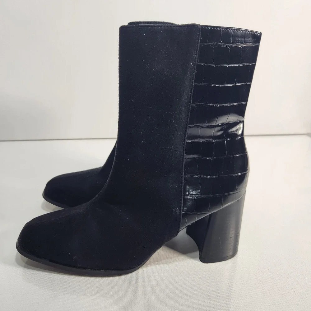 Diba Womens Booties Mix Suede Faux Leather Size 8.5 Black Block Heel